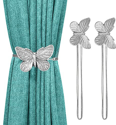 Lewondr Vintage Magnetischer Vorhang Raffhalter, 1 Paar Harz Schmetterling Vorhangschnalle mit Starkem Dauerhaftem Magneten für Dekoration Zuhause Cafe Büro - Silber