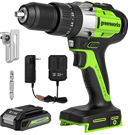 Greenworks 24V Brushless 1/2 Hammer Drill (530 in-lbs.) 2.0Ah Battery and Charger Included, DDG402