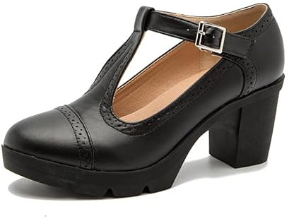 Scarpe Mary Jane Donna Plateau e Tacco Medio a Blocco T-Bar Vintage Brogues con Fibbia Retro Casual Décolleté 35-42 (38,Nero)