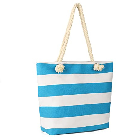 AFKOMST Canvas Shoulder Bag for Women Waterproof Beach Bag Striped Tote bag with Top Zip Closure