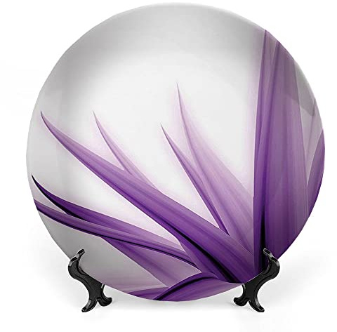 Decorative Plates, Flower Print Ornament, Purple Ombre Lotus Art Image, 7 Inch, 1 Plate with 1 Display Stand, Purple and White