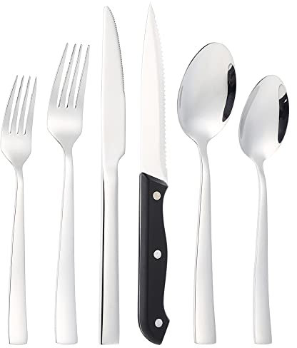 JGJGJG Set di posate da 36 pezzi, posate per 6 persone, in acciaio inox, con coltello/forchetta/cucchiaio/coltello da bistecca, lucidato, lavabile in lavastoviglie