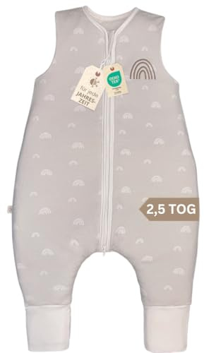DIKOS Sac de couchage avec pieds, 2.5 Tog Rainbow, gris, sac de couchage toute l'année avec jambes en coton bio, certifié Oeko-Tex, sac de couchage pour bébé fille/garçon (Gris, 90)