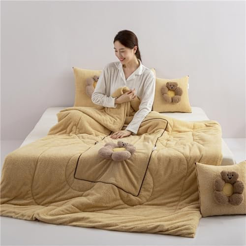 Hixingo Reisedecke und Kissen 2 in 1, Reisedecke mit Kissen Set Multifunktionale Reise Decke und Kissen 2 in 1 Weichem Flugzeug Verwandlungskissen für Urlaub, Camping (50 * 50cm,Bär-Gelb)