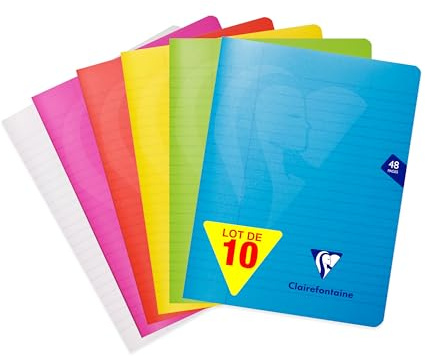Clairefontaine 303755Cpack Un lot de 10 Cahiers Agrafés Mimesys - 17x22 cm - 48 Pages Lignées avec Marge - Papier Blanc 90 g - Couvertures Polypro Assorties Aléatoires