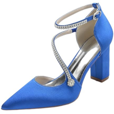Donna a Punta Tacco Largo Scarpe da Sposa Cinturino alla Caviglia in Raso Strass Décolleté per Feste,Blu,39 EU