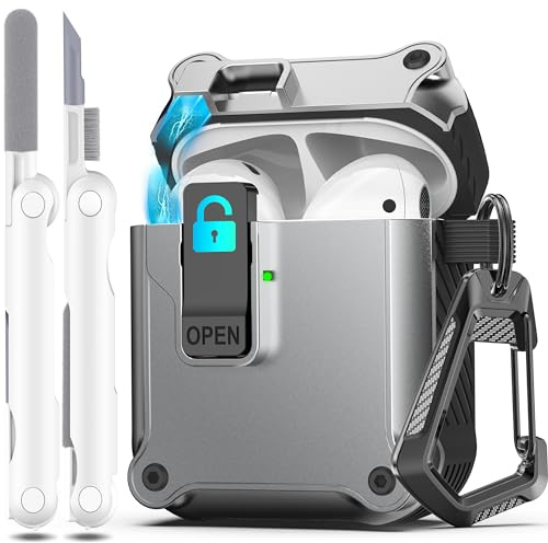 R-fun Kompatibel mit AirPods 2 Generation Hülle 2019, 1 Gen 2016 Case Cover, automatisches Pop-Up-Deckel-Design für Apple Airpods Hülle mit Reinigungsset & Schlüsselanhänger,Silber