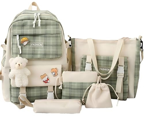 Cnwinu Girls Backpack Set,Girls School Bag,Single Layer Canvas Cute Backpack,Tote Bag,Pen Bag,Crossbody Bag,Kids Kawaii Backpack,Casual Daily Back Pack(Green)
