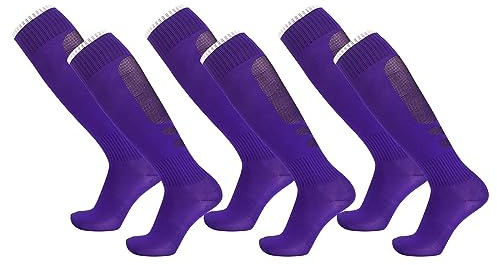 FGUUTYM Football Socks for Kids and 3 Pairs Knee High Striped Tube Football Socks for 5-12 Unisex Breathable Sports Running Training Stopper Socks 22, purple, Einheitsgröße