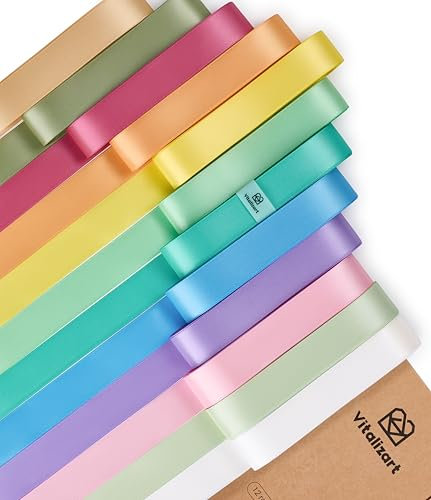 Vitalizart Satinband 2,5cm*32,9m Gemischt 12 Helle Farben für Geschenkverpackungen, Doppelseitiges Polyester Geschenkband, Dicke Stoffbänder für Bastelarbeiten, Dekorationen & Weihnachtskränze