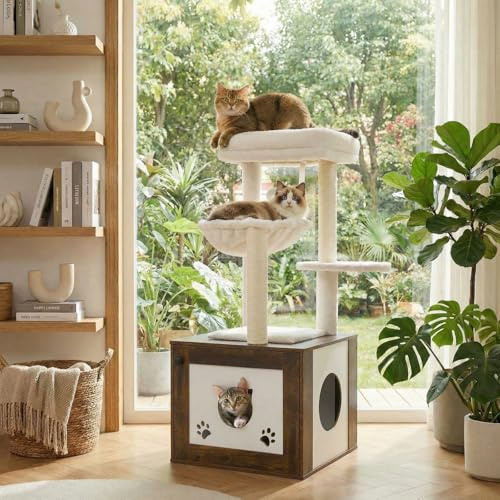 MAMIZO Arbre à Chat avec Maison de Litière pour Chat,Griffoir Moderne,Bois,Nid pour Chat en Peluche Amovible,Hauteur 119cm,Coussins en Peluche,Poteaux en Sisal,Hamac pour Chat,Couleur Bois de Tigre