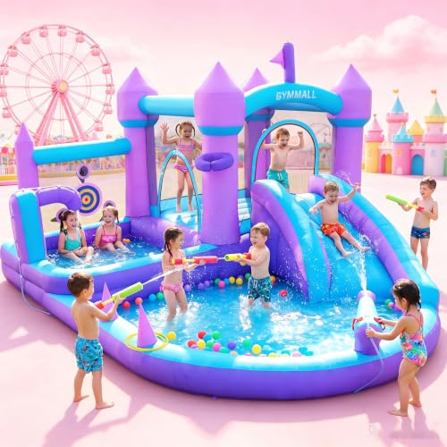 GYMMALL Purple Inflatable Bouncy Castle with Water Slide, 480W Blower | Dream House Design, Large Jumping Space, Ball Pit, Swim Pool, Ring Toss, Basketballs