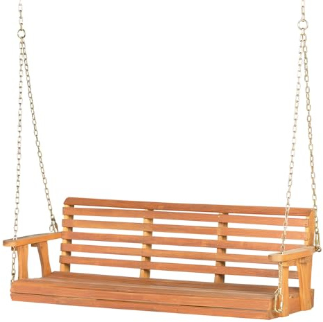 Panana Solid Acacia Wood 2-Seater Porch Swing Chair, Outdoor Hanging Loveseat Bench with Reinforced Chains for Garden, Patio, Deck & Backyard