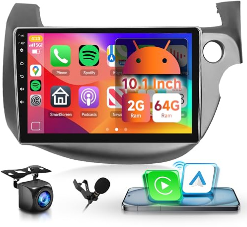 Rimoody 2G 64G Android Car Radio for Honda Fit 2007-2013 with Wireless Carplay Android Auto, 10.1 Inch Touchscreen Car Stereo with Bluetooth FM RDS GPS WiFi EQ Backup Camera