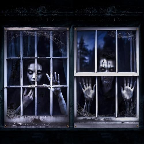 QIZHIQIAMY Tende Halloween Decorazioni 2 Pezzi 80x120cm Horror Fantasma Finestre per Halloween Interne, Esterne Casa, Finestre, Porta Decorazioni (B)