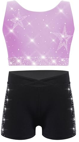 Riismen Niñas Trajes De Entrenamiento Brillantes Top De Baile Con Cinturón Elástico Shorts Traje Gimnasia Traje Gimnasia Deportivo Conjuntos Bikini Morado claro negro 9-10 años