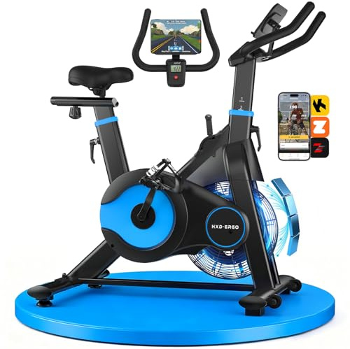 HXD-ERGO Inomhuscykel, vind- och magnetisk resistens, tyst bältesdrift, appkompatibel, LCD-skärm, 160 kg lastkapacitet, justerbar träningscykel (svart och blå (dubbelbeständig))