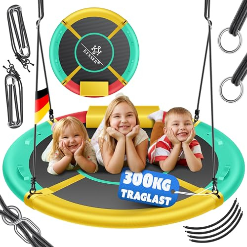 KESSER Columpio nido, columpio redondo, diámetro de 120 cm, soporta hasta 300 kg, con cojín y 4 asas, ajustable, para interior y exterior, para niños y adultos