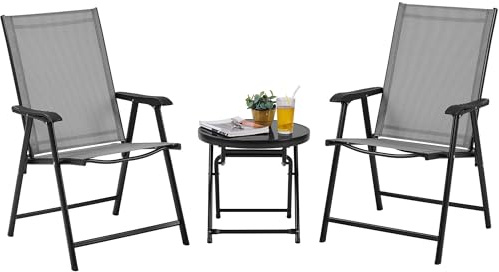Yaheetech 3-Piece Foldable Outdoor Bistro Set, Chairs & Table, Grey/Black