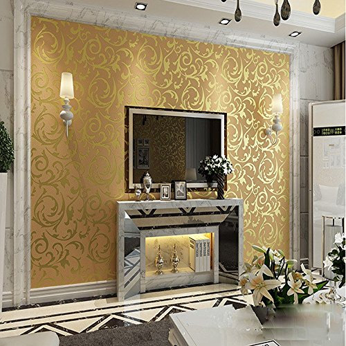 keTian Moderne Vliestapete im Stil viktorianischer Damast, geprägt, Rolle goldgelb, 0.53m (1.73' W) x 10m (32.8' L) = 5.3m2 (57 sq.ft)