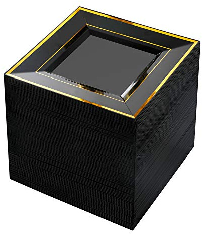 bUCLA 100PCS Black Square Plastic Plates with Gold Rim - 6 inch Disposable Dessert/Appetizer/Small Cake Plates for Party, Graduation & New Year