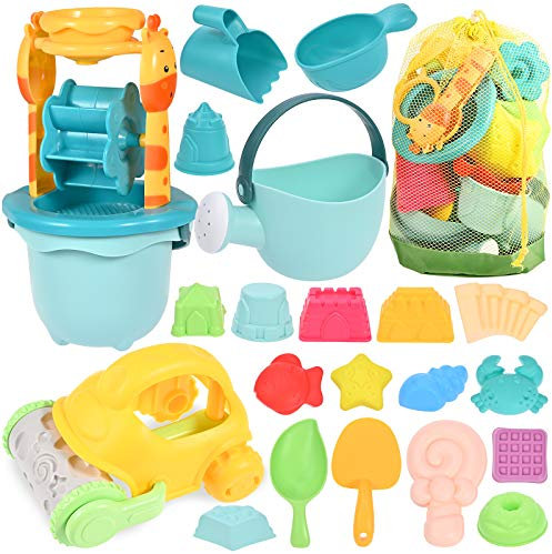 GOLDGE Sandspielzeug Set, 29Pcs Bunte Strandspielzeug Sandspielzeug Set mit Auto Eimer Schlossformen Netztasche Wasserspielzeug für Jungen Mädchen