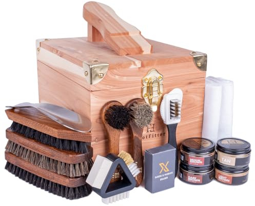 FootFitter Leather Shoe Shine & Suede Cleaning Set with Grand Cedar Valet Box, Polish Creams, Shine Brushes & Shoe Care Tools (Brown Creams)