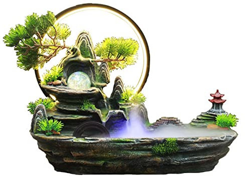SUPYINI Fontaine D'intérieur avec Brouillard, Fontaine D'intérieur avec éclairage, Cascade de Fontaine D'intérieur, Fontaine de Bureau en Résine de Fontaine D'intérieur de Rocaille