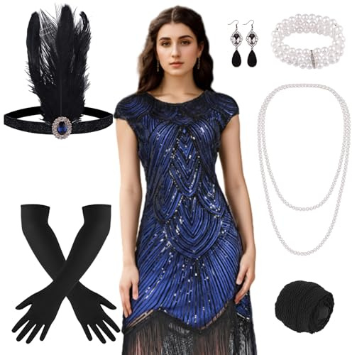 PLULON 1920-tals klänningar för kvinnor, paljettfransad Gatsby Flapper cocktailklänningar 1920-talet med 20-tals tillbehörsset, rytande 20-talsdräkter