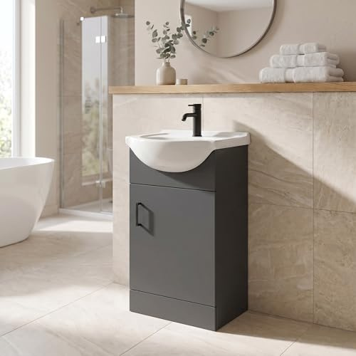 Affine® 450mm Vanity Unit Basin Sink Bathroom Storage Cabinet Cupboard Freestanding, Single Tap Hole Ceramic Wash Basins, Soft Close Door, Matt Black