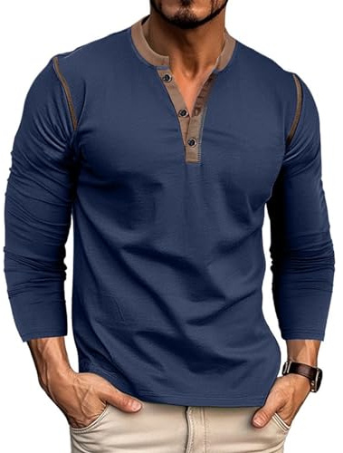 Mens Henley Shirts Long Sleeve Casual Button T-Shirt Classic Basic Cotton Lightweight Stylish Pullover Tees Navy