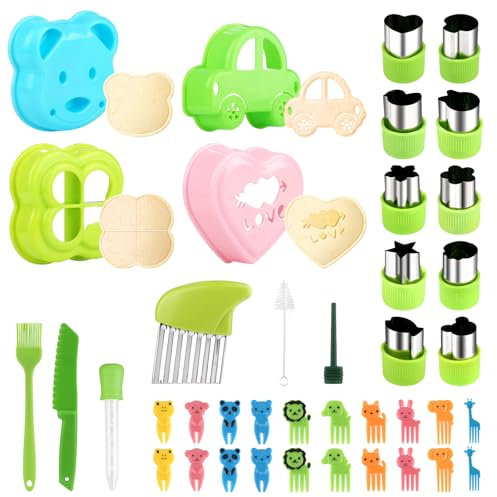 GHVACZS 40 Stück Ausstechformen Brotdose Set, Tiere Form Ausstecher Brot und GemüSe Kinder mit Bürste, Kindermesser, Tropfen, Entformungsstange, Brotaustechformen Kinder für Kuchen, Keks, Sandwich