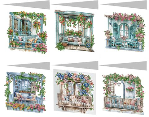 6 Pcs 5D DIY Diamond Painting Greeting Cards with Envelopes, Round Drill Crystal Craft Cards, Handmade Gift Rhinestone Painting Card for Birthday Christmas Family Friend-Flower Pavilion-05