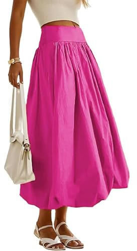 peassa Women's Bubble Maxi Skirt Elastic Low Waist A-Line Pleated Ruffle Flowy Balloon Long Skirts Fairy Y2K Teen Streetwear with Pockets Hot Pink, L
