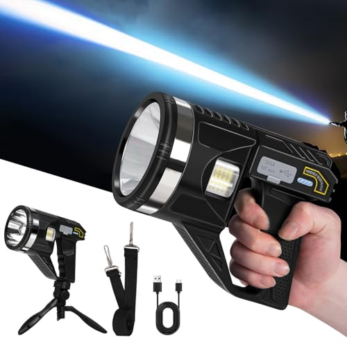 LiangJJ Spotlight 2000000 Lumens, 6 Modes Super Bright LED Rechargeable Spotlight Flashlight with Cob Light, Tripod, Strap, 15000mAh 18Hrs IPX7 Waterproof Spot Lights Outdoor Handheld for Boating, L