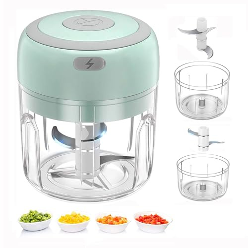 Elektrisk mathackare, 250 ml mini trådlös bärbar köttkvarn, USB-laddning vitlökshackare, lätt att rengöra, matberedare för chili/lök/grönsaker/nötter/frukt/peppar/kött/vitlök (grön)
