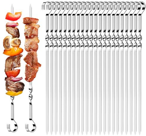 Ayizhiniu 24pcs Brochettes pour Barbecue, Brochettes Inox, Pique Brochette Anti Chaluer, Réutilisable Brochettes Barbecue+2 Brosse, S'applique Camping Team Building Barbecue Outils Essentiels