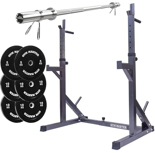 GYM MASTER Adjustable Squat and Bench Press Rack Bundle with 6ft Int'l Barbell and Bumper Plates (5 Items)