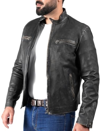 SHOP OF JACKETS BEGRÄNSAD MC-jacka i läder | Vintage beige svart äkta läderjacka herr | Motorcykelkläder för män | Storlek 3XL
