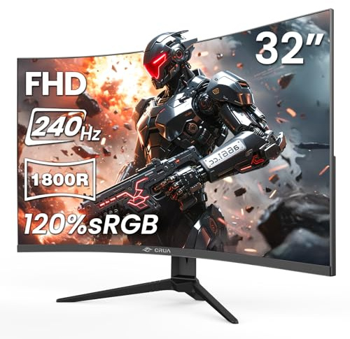 CRUA 32 Curved Gaming Monitor, 240Hz FHD 1920x1080 VA Panel, 1800R Display, AMD FreeSync, 120% sRGB, Low Blue Light, HDMI & DP, Wall Mountable PC Monitor for Gaming, Streaming & Work, Black