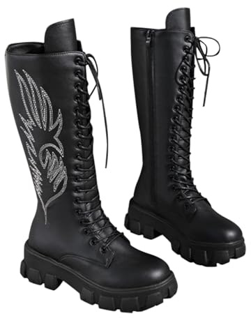 Generisch Bottes de motard pour femme - Bottes longues en cuir - Bottes à lacets - Plateforme antidérapante - Bottes de moto - Bottes de cowboy - Automne et hiver - Bottes d'équitation pour femme