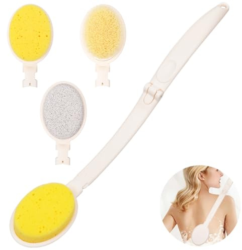 Spazzola per la schiena e la doccia con manico lungo | Spazzola pieghevole 3 in 1 per la cura del corpo e aiuto per la crema | Con 4 cuscinetti intercambiabili con setole naturali e massima curvatura
