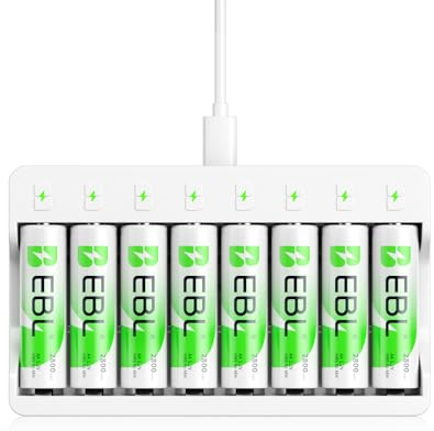 EBL Rechargeable AA Batteries 8 Pack, Ni-MH 2800mAh AA Battery and 8-Bay AA AAA Individual USB Camcorder Battery Charger for NIMH NiCd Battery