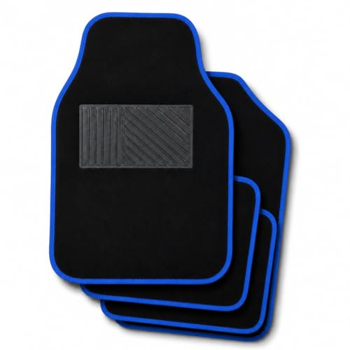 SCAR Set 4 Tappetini Auto Universali in Moquette - Bordo Blu - Antiscivolo, Facili da Pulire, Anteriori 65x43 cm, Posteriori 40x43 cm - Protezione Interni Auto Elegante Sportivo