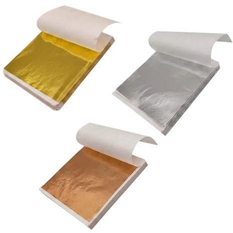 150Pcs Gold Leaf Sheets, Gold Foil Sheets for DIY Crafts, Furniture Restoration, Nail Art and Resin Projects, Gold Leaf Kit with Silver and Copper Leaf, （8.5 x 8cm）