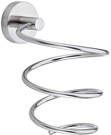 tesa MOON Föhnhalter verchromt, spiralförmig - Haartrockner-Halter zur Wandbefestigung ohne Bohren, inkl. Klebelösung - 100mm x 160mm x 135mm