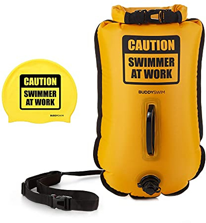 Buddyswim Set Freiwasser-Schwimmboje 20 Liter und Badekappe. Sicherheitsschwimmboje für Freiwasserschwimmen mit wasserdichtem Tauchsack und Silikonschwimmkappe. (Gelb)