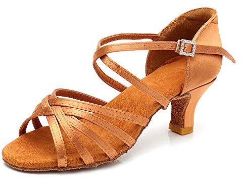 RoseMoli Women's Latin Dance Shoes Satin Professional Ballroom Salsa Practice Performance Dance Shoes Tan-2.2