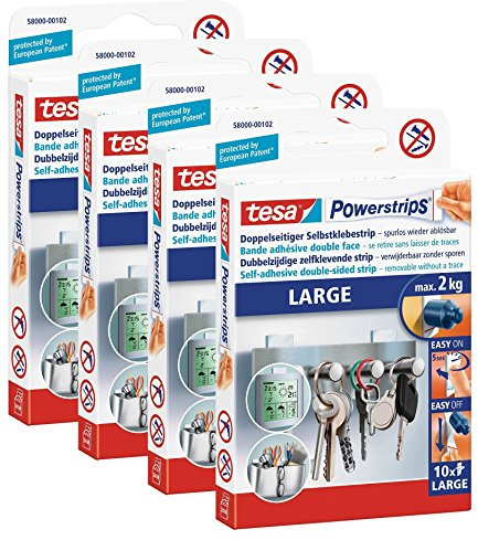 tesa Powerstrips (Large, Doppelseitige Klebestreifen zur Montage von Gegenständen auf glatten Oberflächen, bis zu 2 kg Halteleistung) 4 Packungen