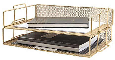 BLU MONACO | Paper Tray Stackable Gold Mesh Set of 2 | Stackable File Trays for Desk Organization | Tiered Desk Organizer with Metal Letter Trays